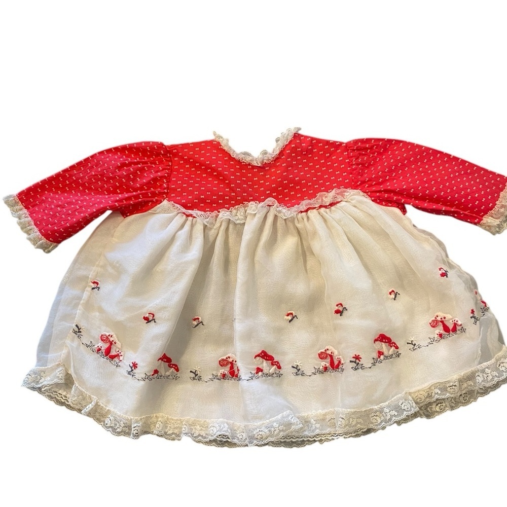 Vintage 70s Red White Embroidered Mushroom Baby Dress 3-6 mos Magical Whimsical